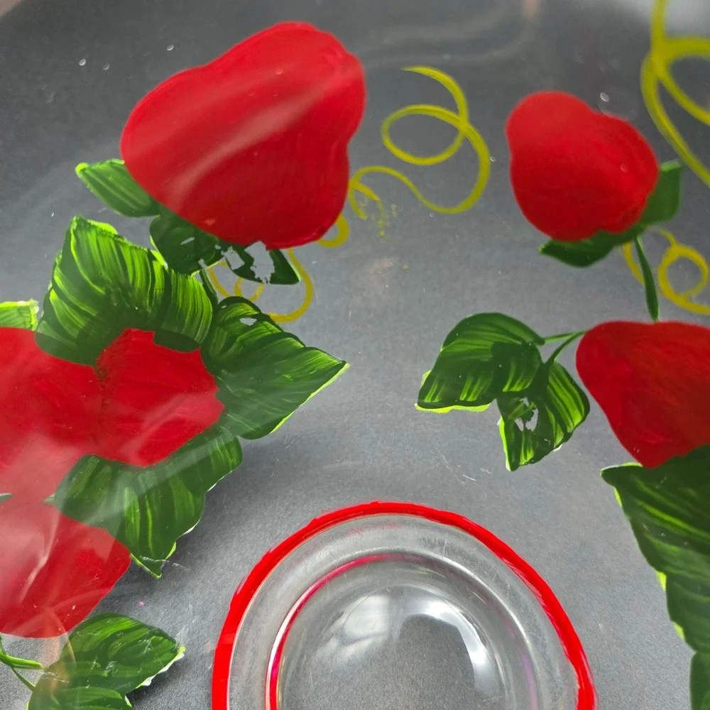 Hand Painted Strawberry Glass Serving Salad Bowl Triangular‎ Ruffled Clear Red